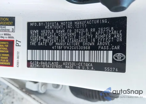 2012 Toyota Camry Xle z USA, uszkodzony, nr VIN 4T1BF1FK2CU530968